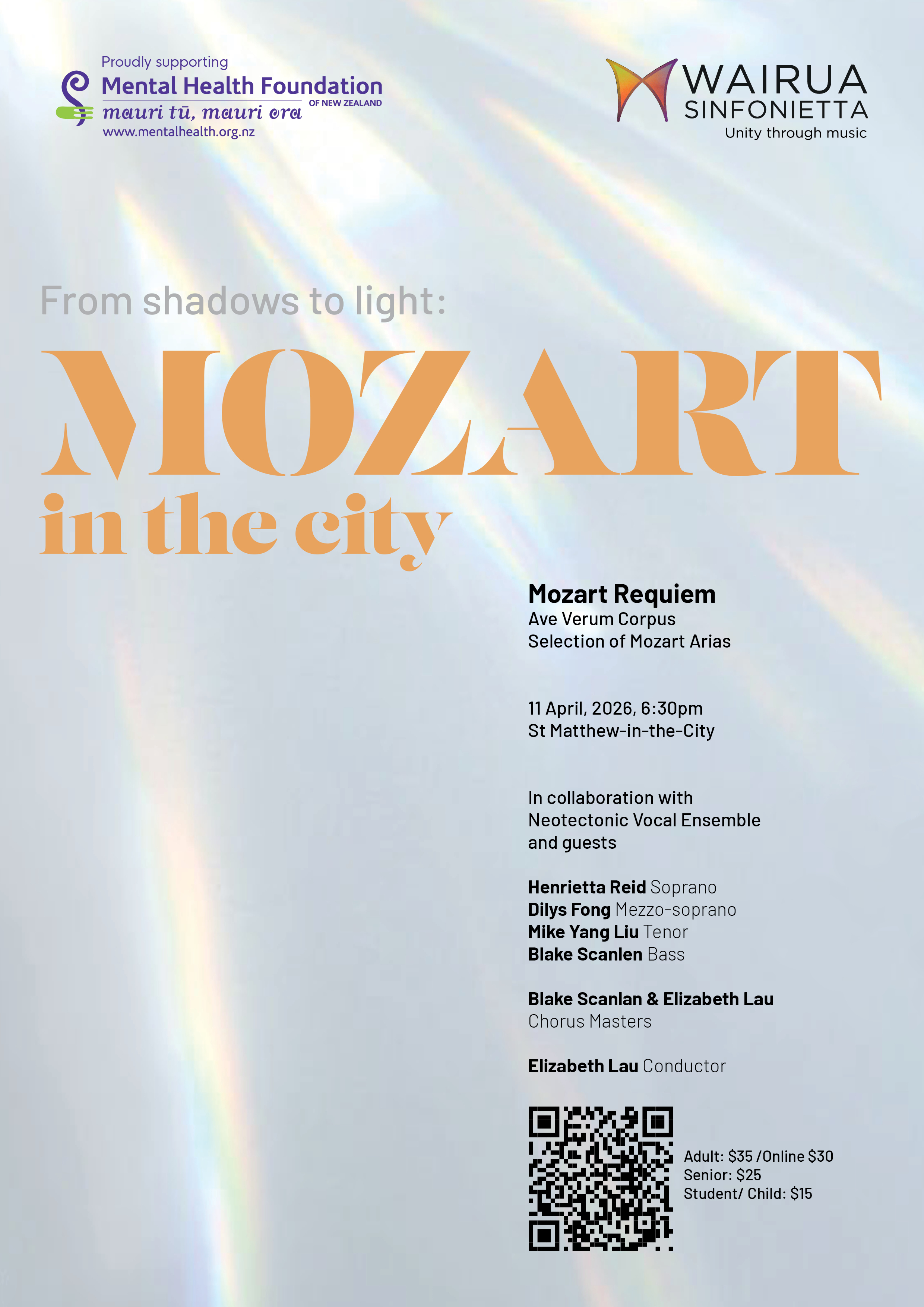 Wairua Sinfonietta Presents - From Shadows to Light: Mozart in the City